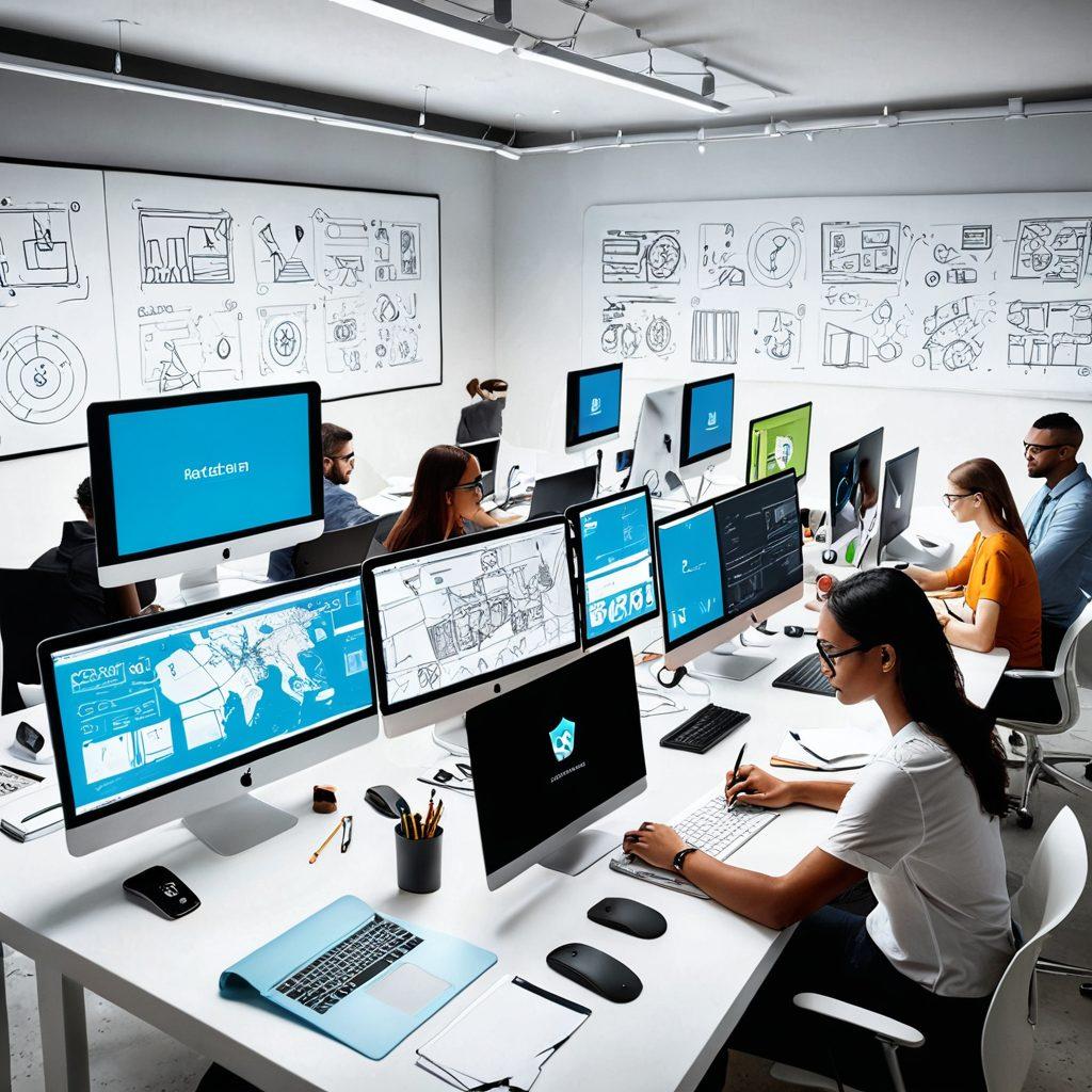 A dynamic workspace featuring a diverse group of people collaborating on digital content creation, surrounded by modern design tools, laptops, and vibrant sketches of websites. Include elements symbolizing online security, like padlocks and shields, subtly integrated into the background. The setting should convey innovation and creativity with bright colors and a modern aesthetic. super-realistic. vibrant colors. white background.