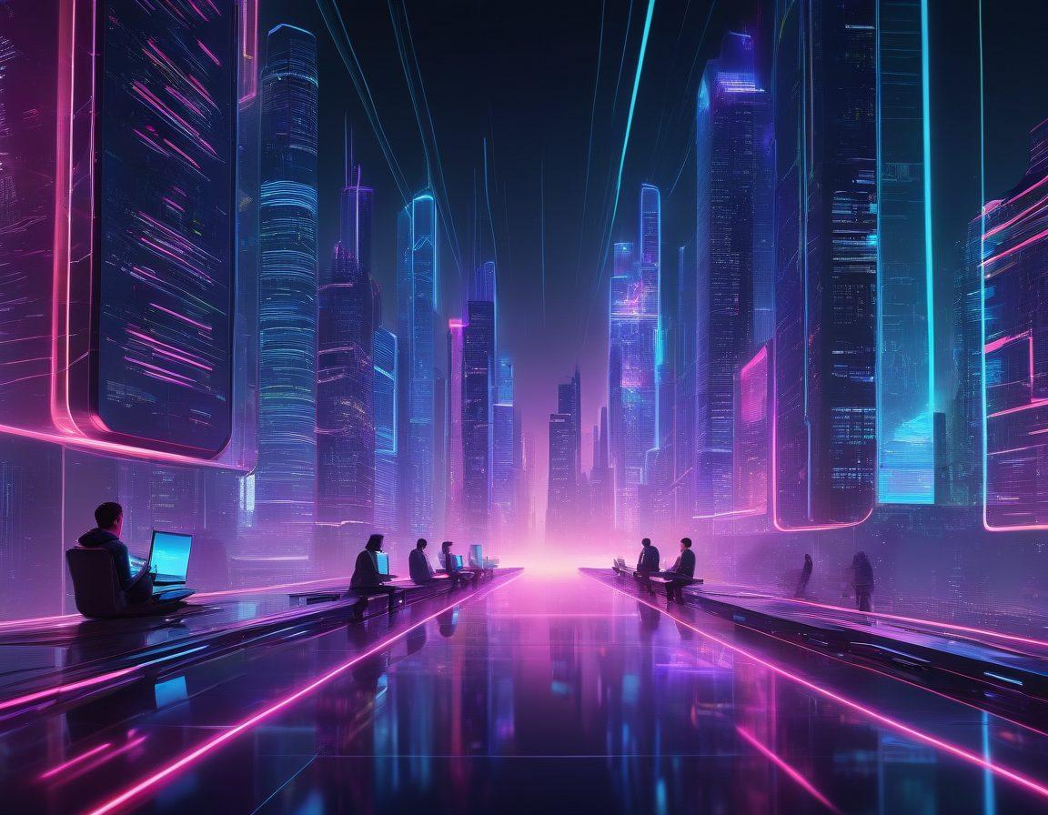 An intricate digital landscape showcasing a secure server room with glowing server racks, surrounded by web code floating in the air. In the foreground, a diverse group of young professionals collaborates over laptops, analyzing cybersecurity trends. A futuristic city skyline looms in the background, symbolizing growth and innovation in web development. Bright neon colors highlighting the technology theme. cyberpunk. vibrant colors. 3D.
