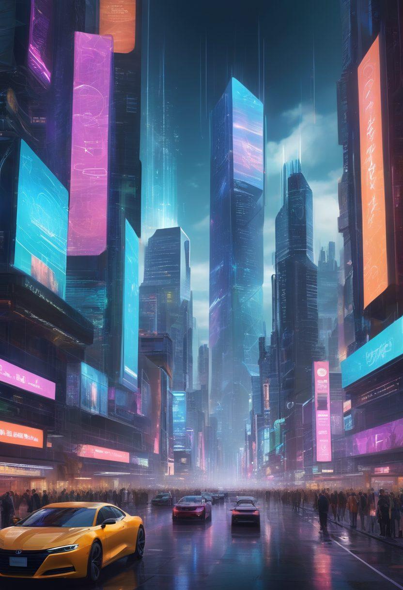A futuristic cityscape with towering digital billboards displaying programming code and cybersecurity symbols like locks and shields. A diverse group of developers and cybersecurity experts are collaborating with holographic interfaces, surrounded by interconnected networks. The sky is filled with dynamic tech innovations and drones flying. Bright, vibrant colors to highlight the creativity in tech. super-realistic. vibrant colors. modern style.